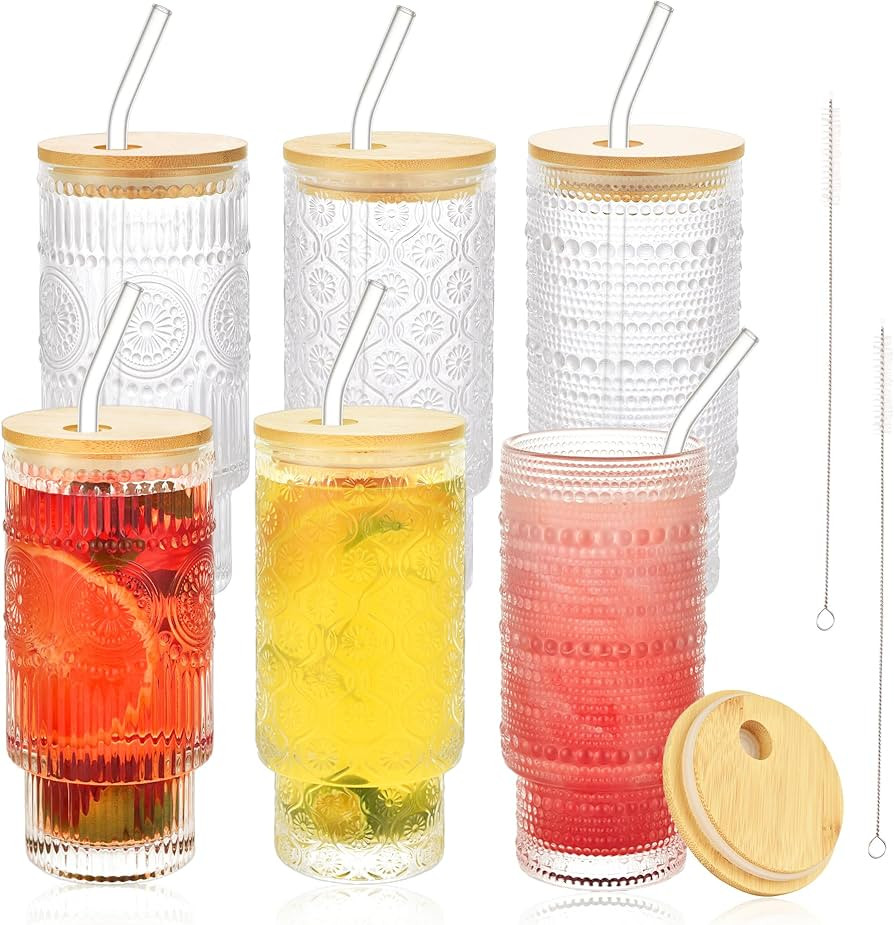 6Pcs Glass Coffee Cups with Lids and Straws, 16 oz Vintage Glasses Drinking Set, Glassware Drinkw... | Amazon (US)