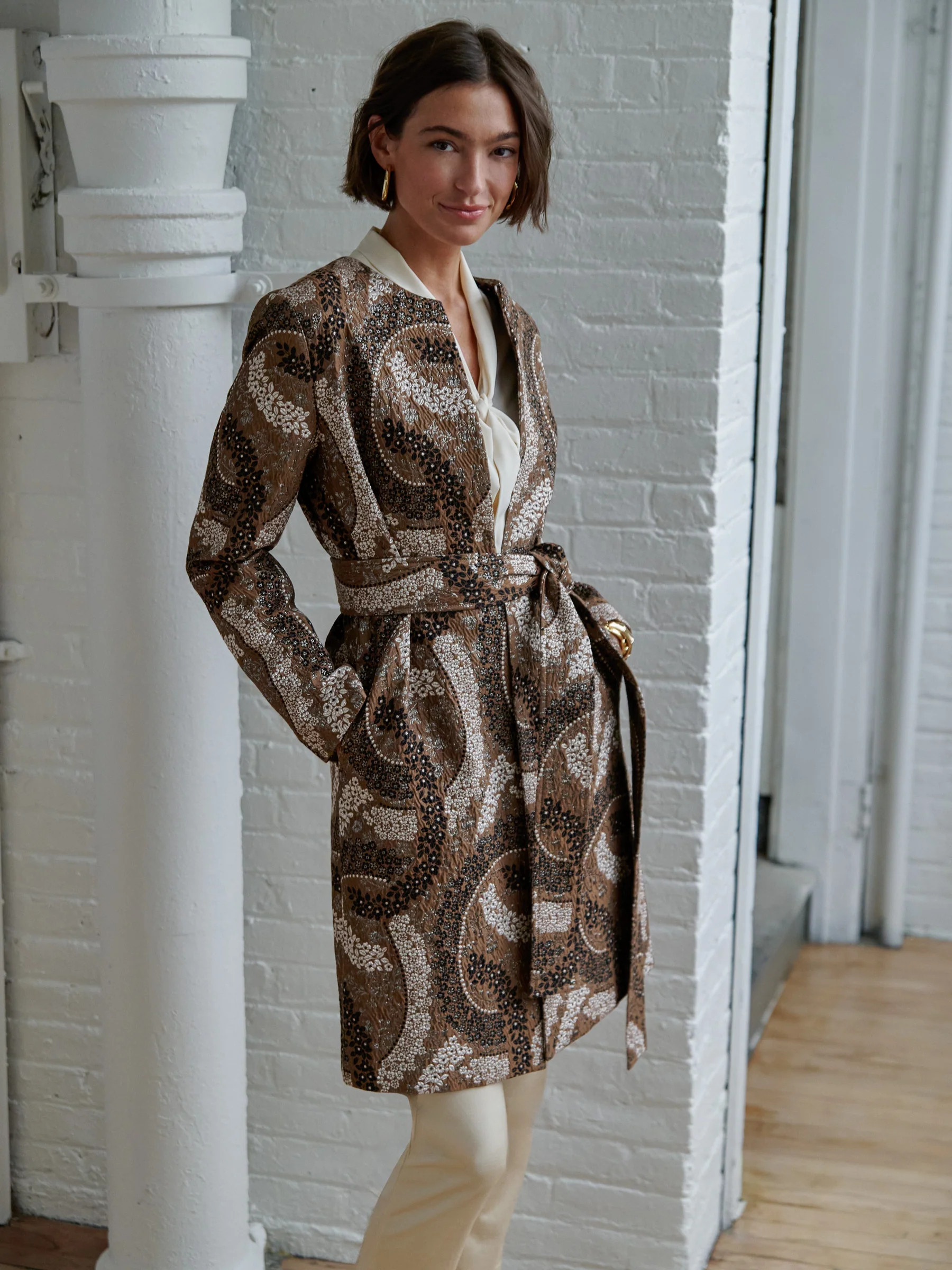 Brown Jacquard Arden Coat | Women's Jackets & Outerwear | J.McLaughlin | J.McLaughlin
