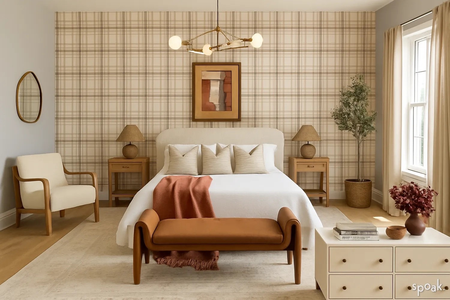 Beautiful fall-inspired bedroom design/moodboard with plaid wallpaper, upholstered bed, velvet bench, curvy accent chair, gorgeous globe floor light and chandelier, bedroom decor, table lamp, dresser, fall branches, abstract wall art.

#LTKSeasonal #LTKHome #LTKStyleTip