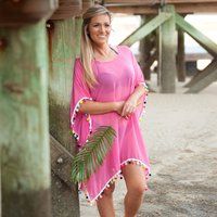Hot Pink Personalized Pom-Pom Cover Up, Womens Monogram Beach Monogrammed Swimsuit Wear, Swim Wear | Etsy (US)