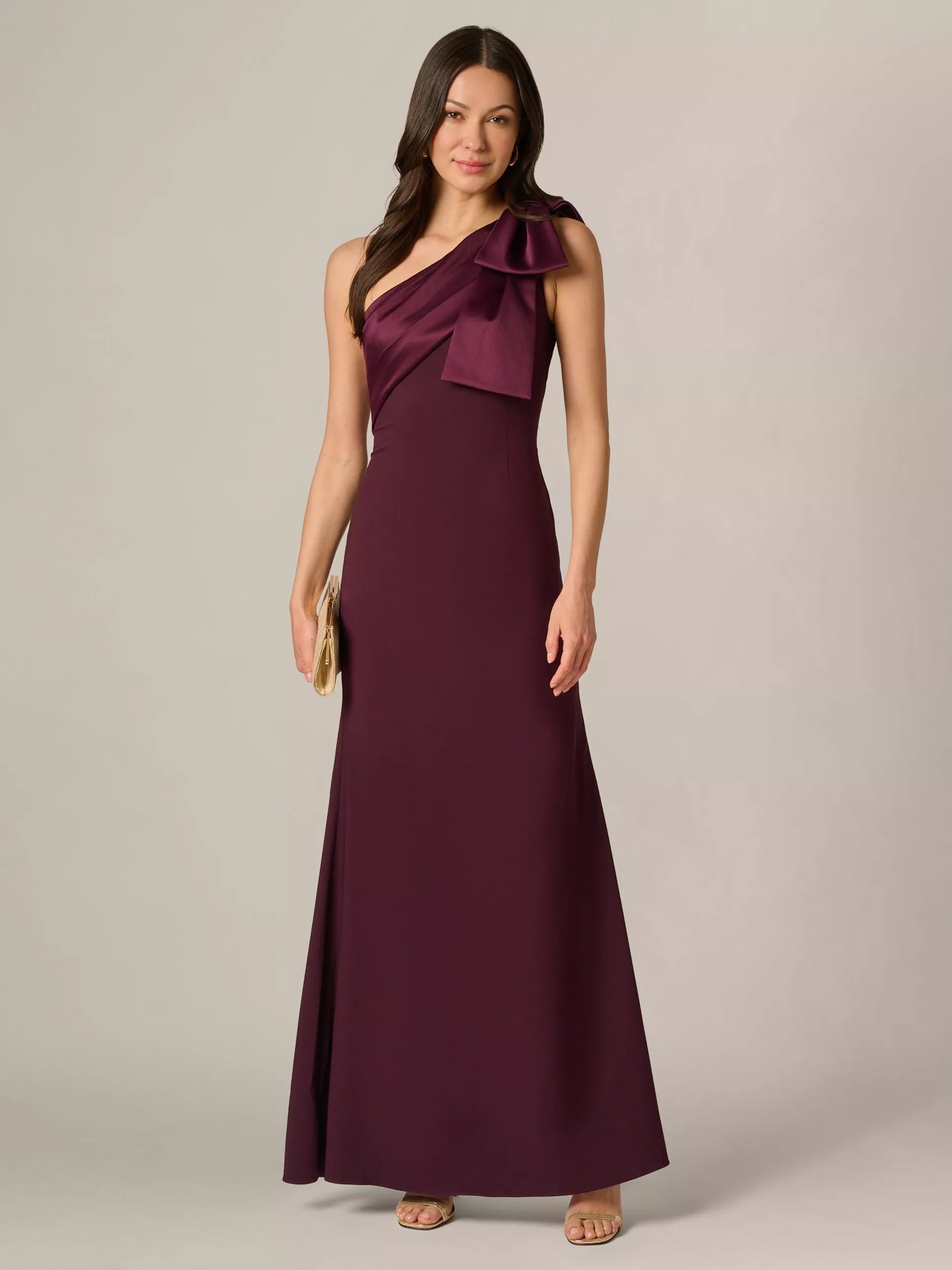 Adrianna Papell One Shoulder Satin Crepe Maxi Dress, Bordeaux Glow | John Lewis (UK)