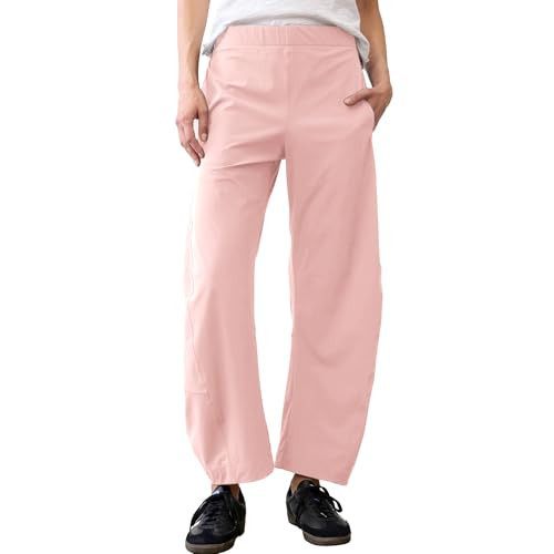 SeeLuNa Women Barrel Travel Pants Elastic Waistband Tapered Leg Baggy Mid Rise Work Trousers Lounge Pant with Pockets(Pink,S) | Amazon (US)