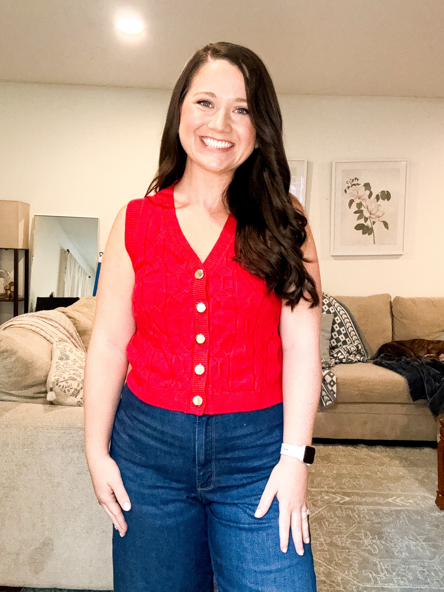 Red sweater vest. Fall outfit. Fall style 