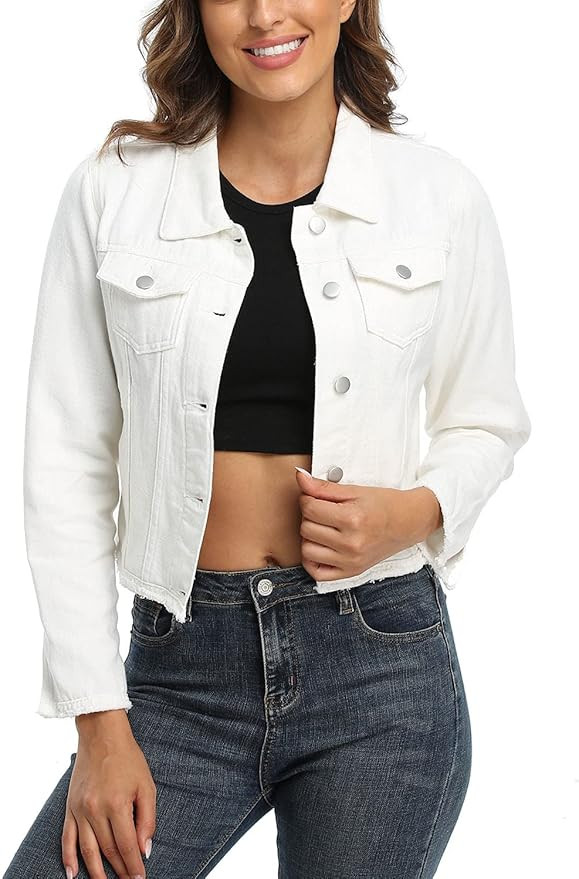 Anienaya Jean Jacket Women’s Frayed Washed Button Up Cropped Denim Jacket w 2 Side Pockets | Amazon (US)