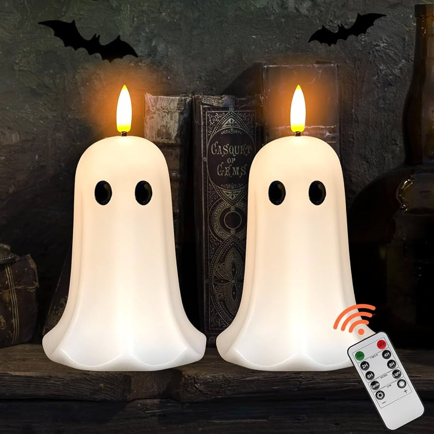 Halloween Ghost Candle Lights 2 Pack with Remote, Battery Operated LED Flameless Candle Ghosts wi... | Amazon (US)