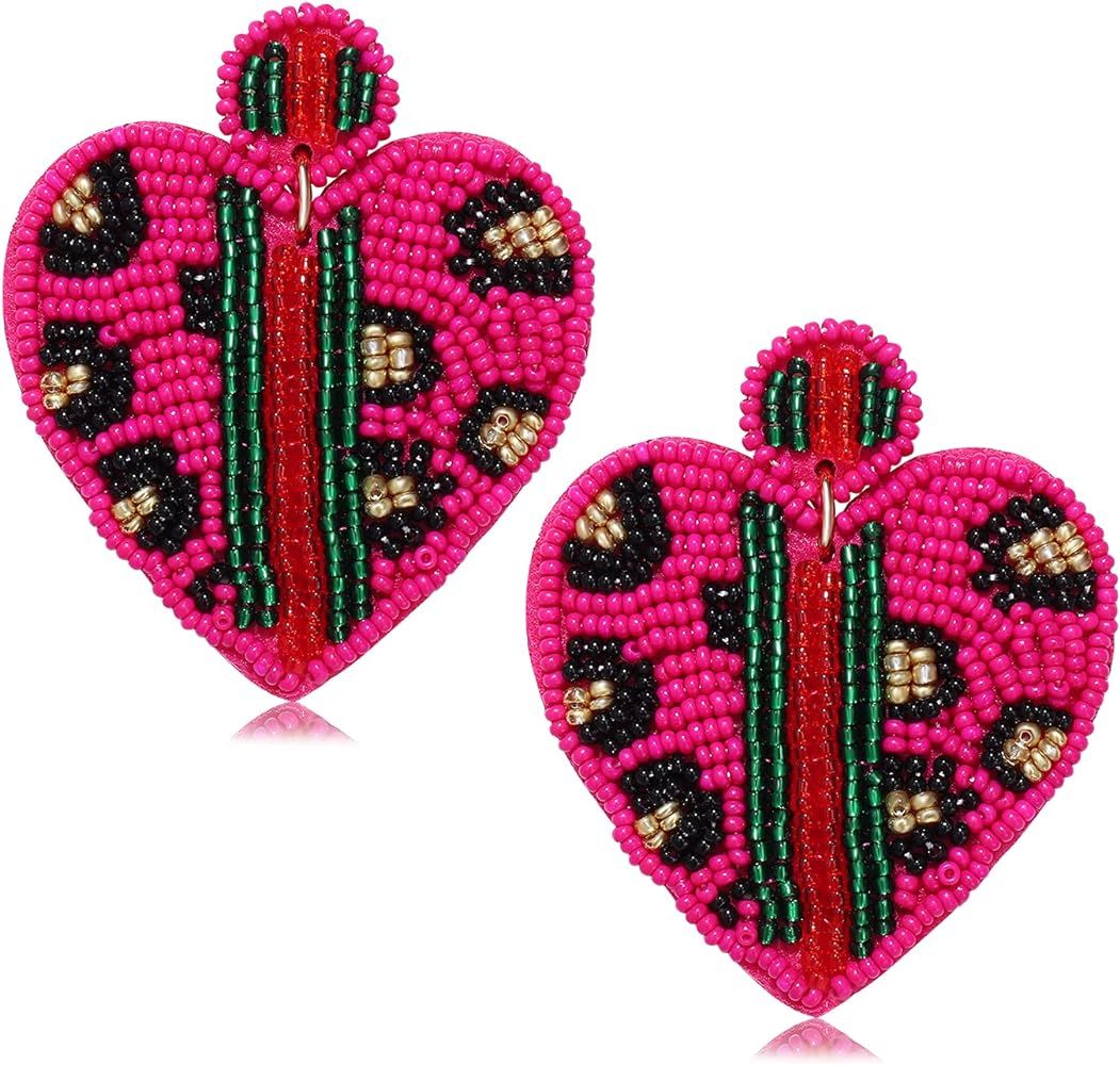 Beaded Dangle Earrings for Women Leopard Pattern Bead Heart Earrings Boho Statement Drop Earring ... | Amazon (US)