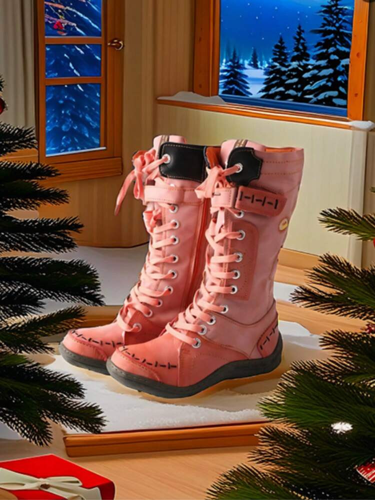 TMA EYES25 New Women's Autumn And Winter Fashion Commuter Green Hand-Stitched Color Contrast Plus Velvet Leather Mid-Calf Boots Comfortable Thick Sole Valentine's Day Halloween Christmas Snow Skiing Outdoor Commuting Student Office Worker Dating Shopping Wear-Resistant And Non-Slip | SHEIN