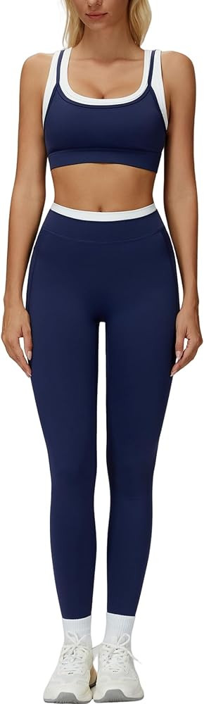 Women 2 Piece Workout U Back Color Block Sports Bra High Waist Active Leggings Yoga Pilates Outfi... | Amazon (US)