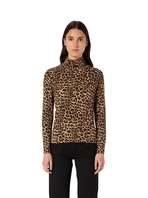 GERARD DAREL Helene Long Sleeve Printed Roll Neck Top in Camel at Nordstrom, Size Medium | Nordstrom
