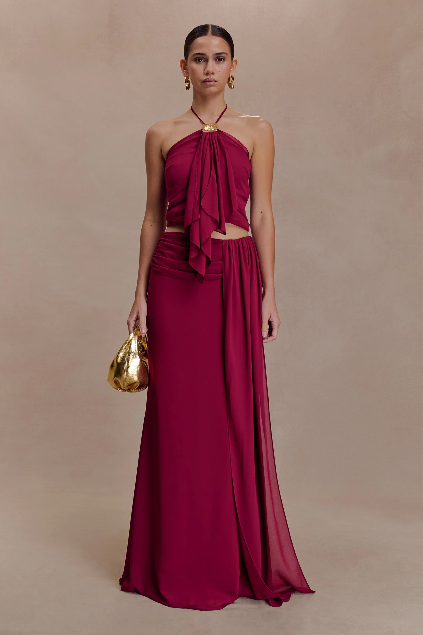 Celina Chiffon Overlay Maxi Skirt - Cherry Red | Meshki UK