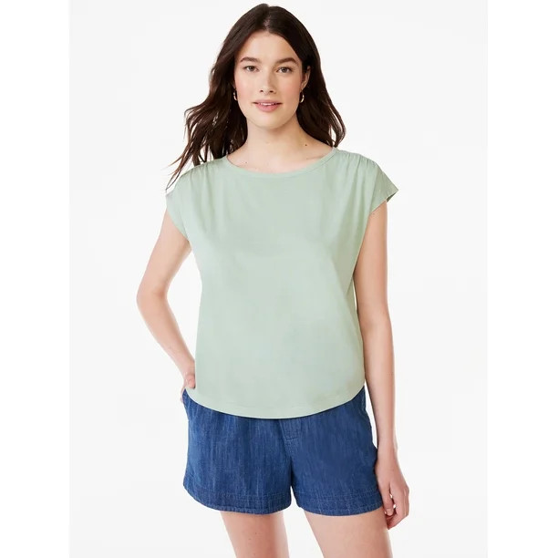 Free Assembly Women's Shirred Shoulder Tee with Short Sleeves, Sizes XS-XXXL | Walmart (US)