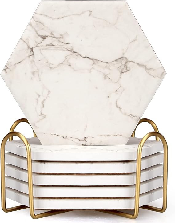 6 Pcs Cute Marble Absorbent Coaster Set with Holder Hexagon Drink Coasters Modern White Ceramic T... | Amazon (US)