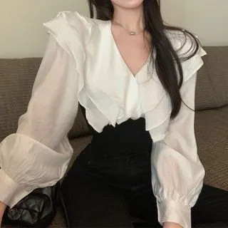 V-Neck Ruffle Blouse White - One Size | YesStyle Global