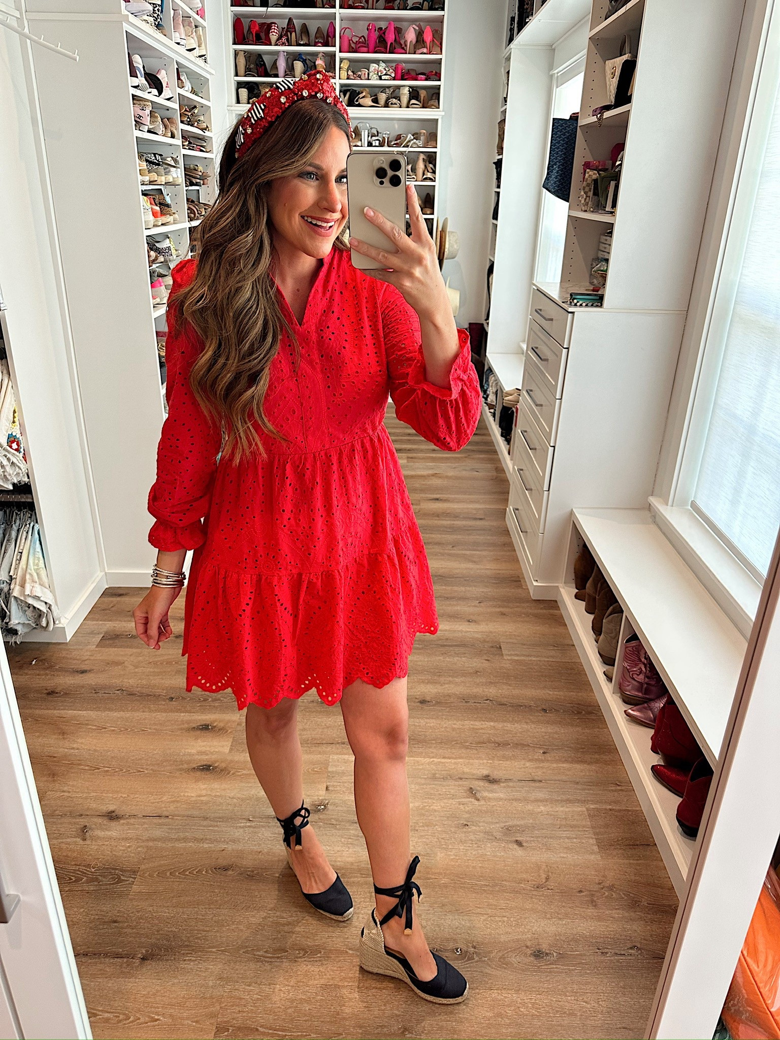 In a small long sleeve eyelet dress, headband, tie up espadrille wedges and accessories for patriotic look - fits tts.

#LTKFindsUnder50 #LTKStyleTip #LTKSeasonal