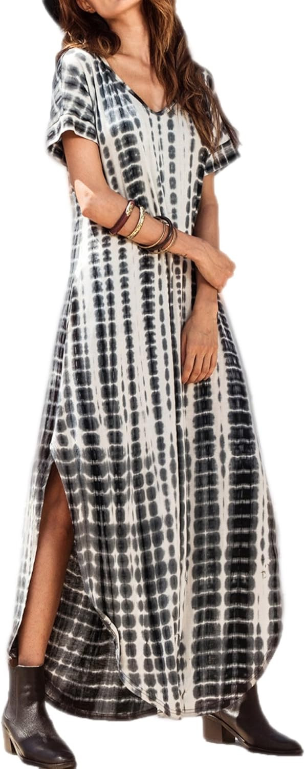 Women Summer Casual Maxi Dress Loose Pockets Short Sleeve Split Boho Dresses | Amazon (US)