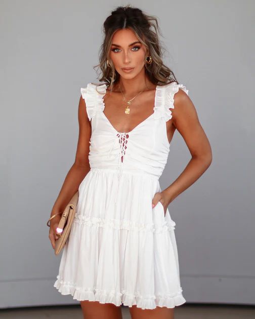Tiffany Lace Up Tiered Pocketed Mini Dress - White | VICI Collection