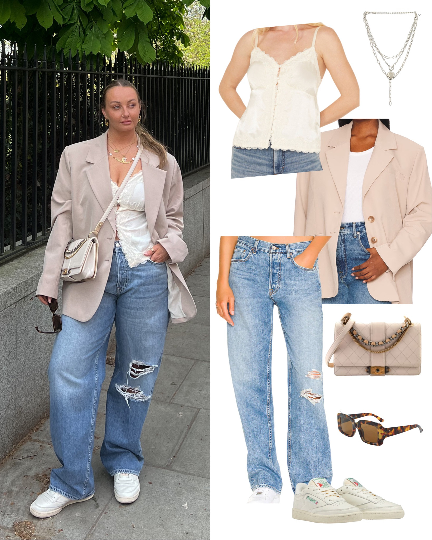 lace trim satin top - M (Bootbarn, linked similar)
beige blazer - XL
low rise denim jeans - US 32 (size up)

casual style, neutral blazer, street style, neutral Chanel bag 

#LTKFind #LTKtravel #LTKSeasonal