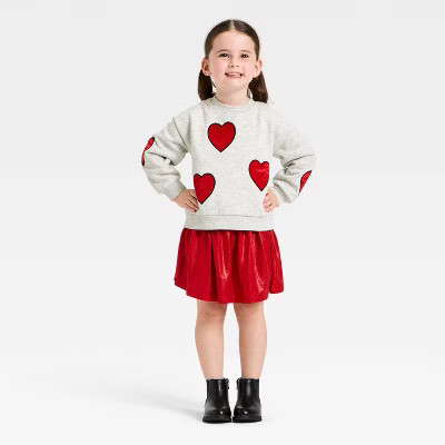 Toddler Girls' 2pc Valentines Heart Sweatshirt and Skirt Set - Red/Cream 2T | Target