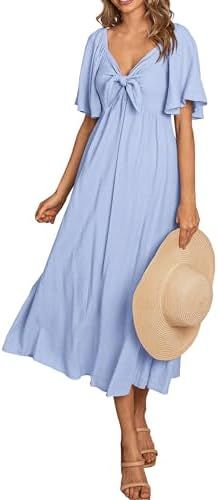 PRETTYGARDEN Summer Dress for Women 2024 Casual Short Sleeve Bow Tie V Neck Ruffle Midi Flowy Dre... | Amazon (US)