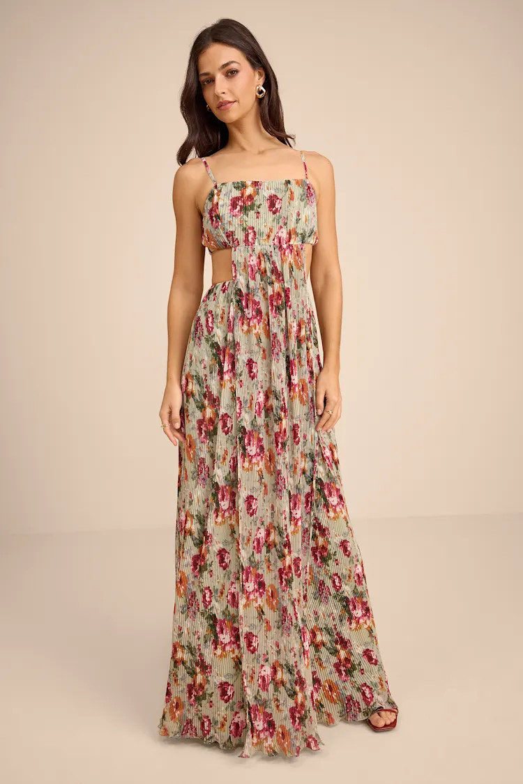 Alara Sage Floral Pleated Cutout Maxi Dress | Lulus