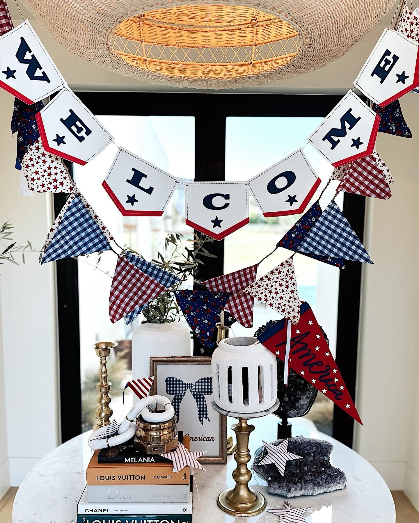 A little red, white & wow 🇺🇸
Here’s how we dressed up our entry for the 4th:
❤️ A layered “Welcome” banner - because one just wasn’t enough ;)
🤍 A big bold flag down the window for that festive first look
💙 And the door? Tied it all together with a ribbon-filled wreath that makes us smile every time we pull up 🥰

Just a few little touches that make your home feel extra special for the holiday. 🧨

#FourthOfJulyDecor #FestiveEntryway #RedWhiteAndBlueVibes #StarsAndStripesForever #PatrioticHome #4thOfJulyStyle #FrontDoorInspo #HolidayAtHome #MrsMcMurdieHome #AmericanaCharm #SweetlyStyled #HomeDecorIdeas

#LTKHome #LTKFindsUnder50 #LTKSeasonal
