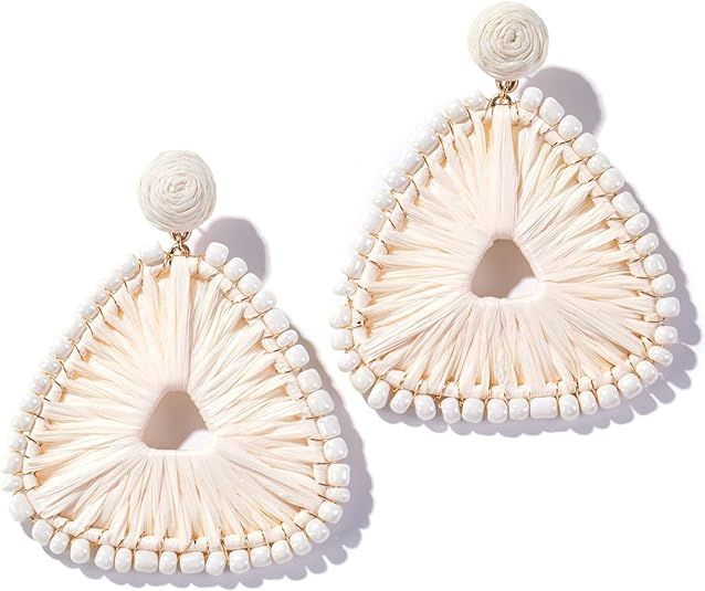Statement Raffia Earrings for Women, Boho Geometric Triangle Earrings Beaded - Trendy Summer Ratt... | Amazon (US)