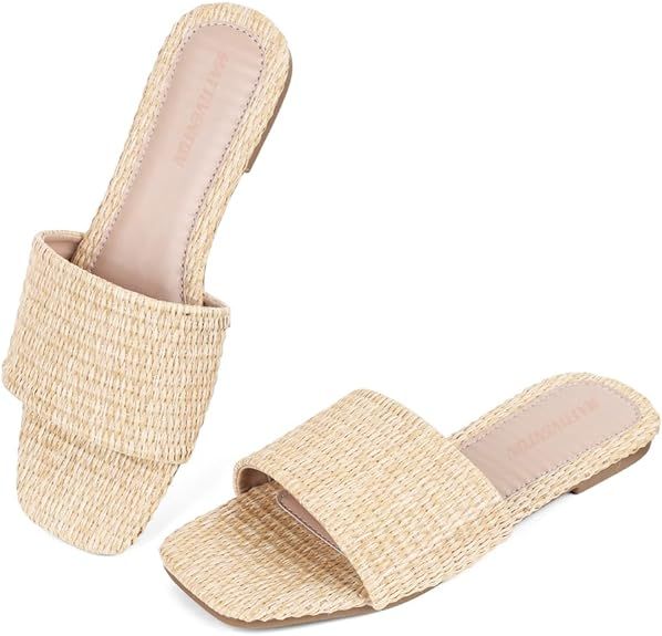 Mattiventon Flat Straw Slides For Women Dressy Sandals Woven Nude Sandals Raffia Open Toe Summer ... | Amazon (US)