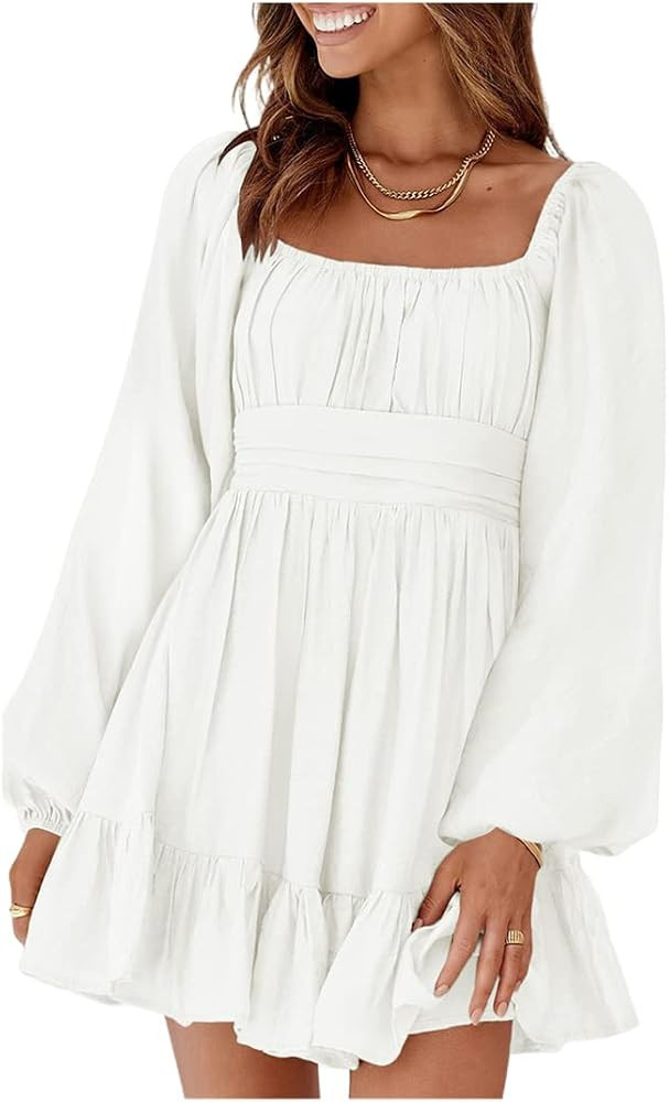 Women's Elegant Square Neck Solid Pleated Collar Shoulder Elastic Waist Mini Dress Flowy Ruffle K... | Amazon (US)