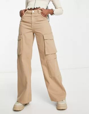 Bershka oversized pocket detail cargo wide leg pants in camel | ASOS (Global)