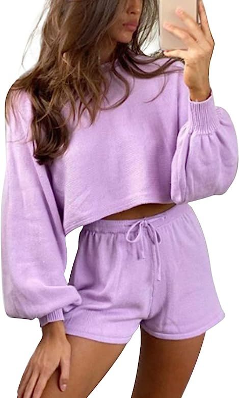 Women's 2 Piece Knit Outfit Shorts Set Sweatsuit Long Sleeve Crop Top and Drawstring Loungwear | Amazon (US)