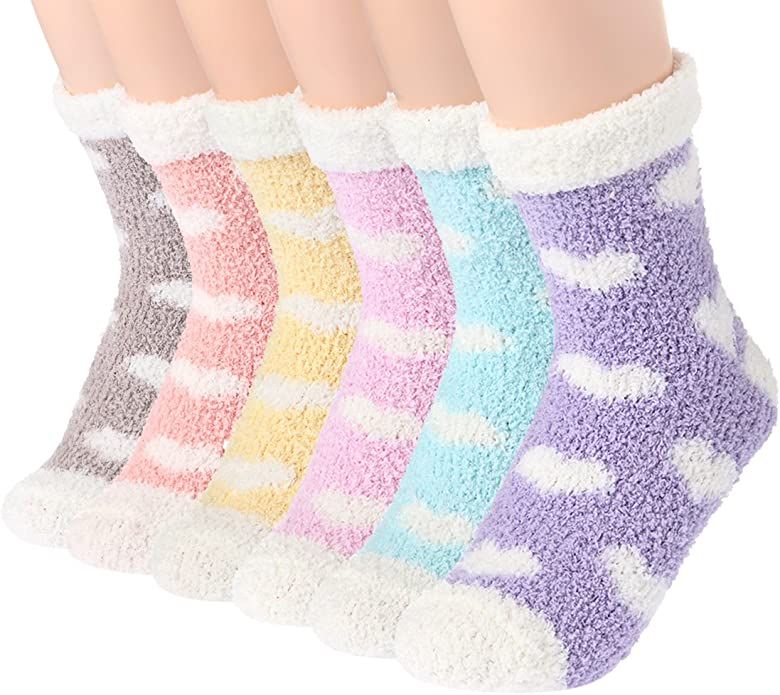 Amazon.com: Plush Slipper Socks Women - Colorful Warm Fuzzy Crew Socks Cozy Soft 6 Pairs for Wint... | Amazon (US)