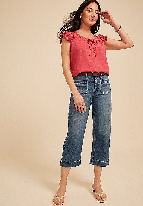 Eyelet Smocked Scoop Neck Tie Front Top | Maurices