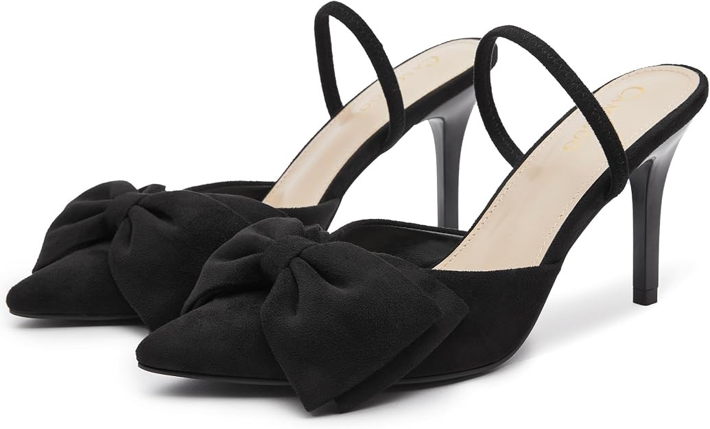 CAMSSOO Womens Bow Heels Slingback Pumps Suede Closed Pointed Toe Kitten Heel Mules with Strap St... | Amazon (US)