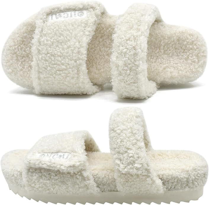 ONCAI Womens Slippers,Fluffy Sherpa Faux Fur Slide House Slippers with Memory Foam Footbed and Ou... | Amazon (US)