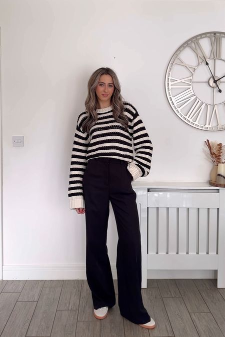 Stripe jumper, oversized knitwear, black wide leg trousers, casual outfit. 

#LTKstyletip #LTKSeasonal #LTKSpringSale