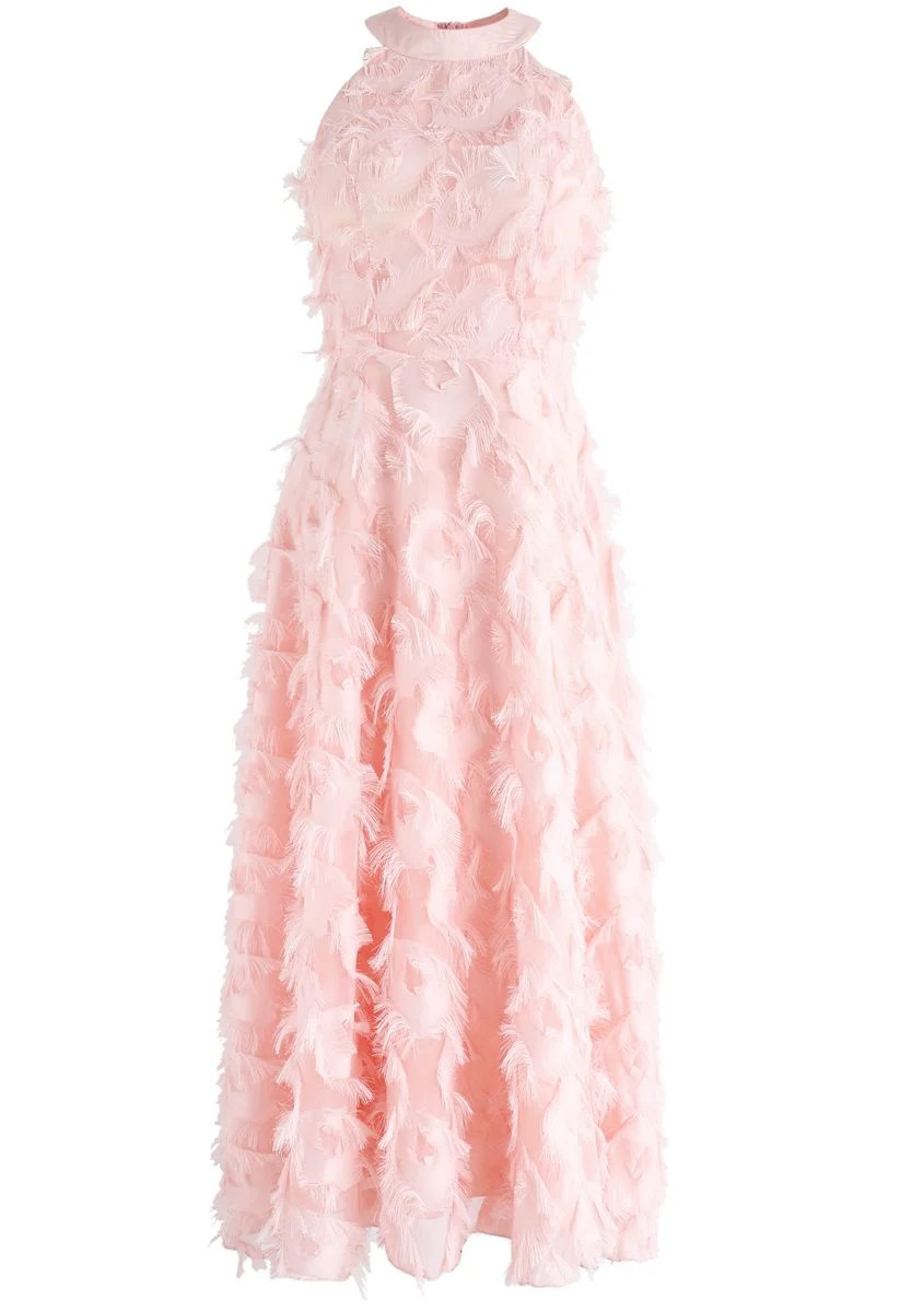 Dancing Feathers Tassel Halter Neck Maxi Dress in Pink | Chicwish