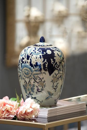 A&B Home Blue and White Ginger Jar with Gold Floral Pattern, Porcelain Lidded Jar Decorative Home Accent Decor, D8" x 11.5" | Amazon (US)