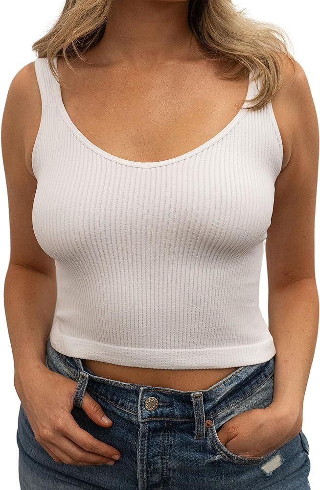 Women’s Seamless Basic Ribbed Fitted Crop Tank Top V-Neck, One Size | Amazon (US)