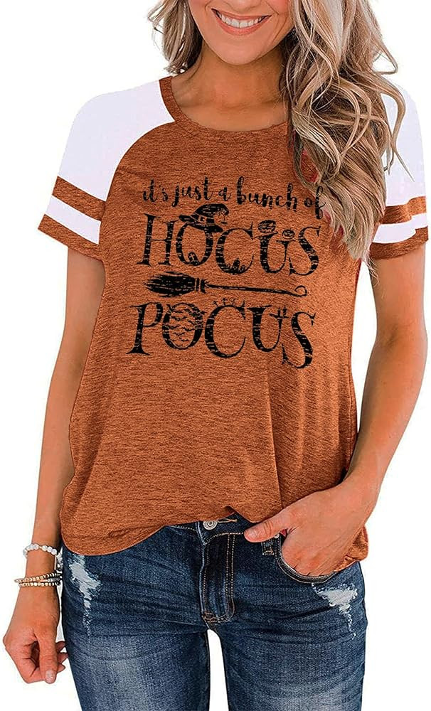 Womens Halloween Shirt Hocus Pocus Shirts Sanderson Witch Broom Graphic Tshirt Raglan Color Block To | Amazon (US)