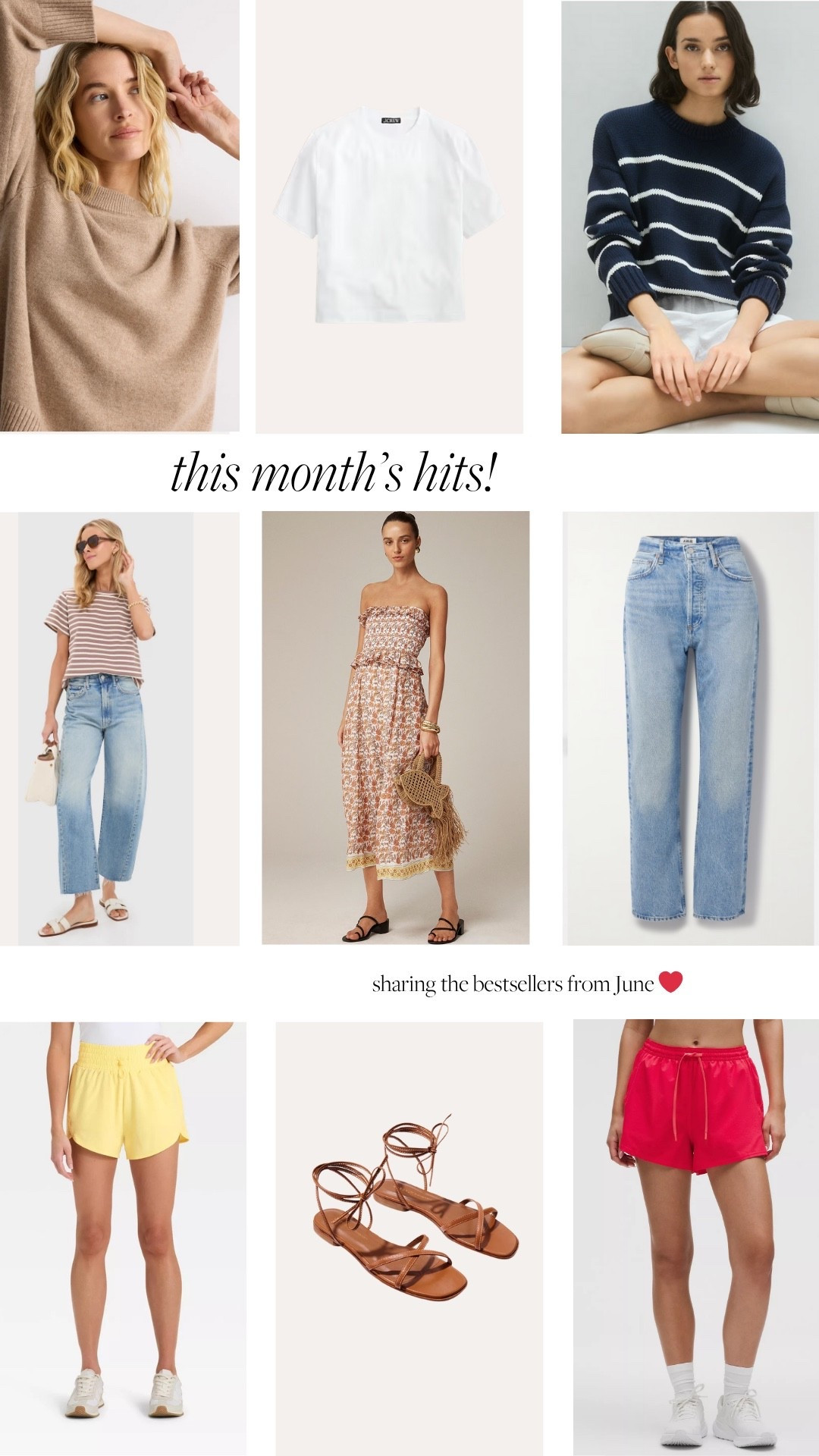 June top 10 follower favorites 〰️
Quince cashmere - sized up 1 to a medium
I.Crew Tee - own & love both the XS and S 
quince striped tee - tts, wear a small 
Mother jeans - tts, wear a 25
Jcrew dress - sized down to an XS 
agolde jeans - run tts, wearing a size 25 
Target shorts - run tts 
Margaux sandals - run tts, wearing a size 6 
Lululemon shorts - run tts, wearing a size 4 
Agolde shorts - run tts, wearing a 25
gap underwear - size up 1 to a medium 
Reformation short - wearing a size small. Size up if in between!
Quince dresses - wearing an XS 
Quince linen shorts - wearing a size small 

#LTKFindsUnder100 #LTKFindsUnder50 #LTKSeasonal