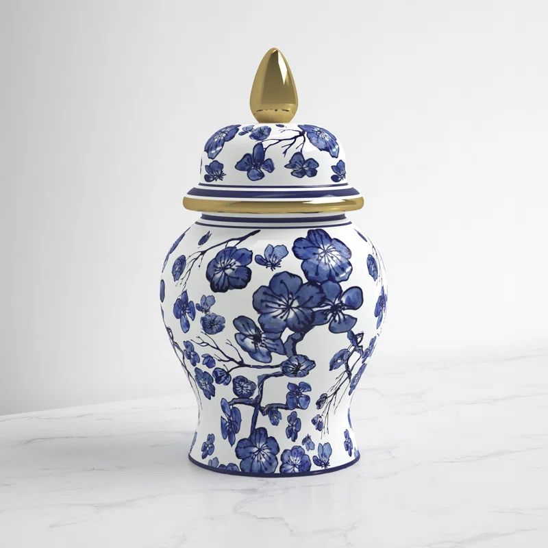 Nina 14" Ceramic Temple Jar with Lid - Contemporary Vintage Style Blue and White Chinoiserie Flor... | Wayfair North America