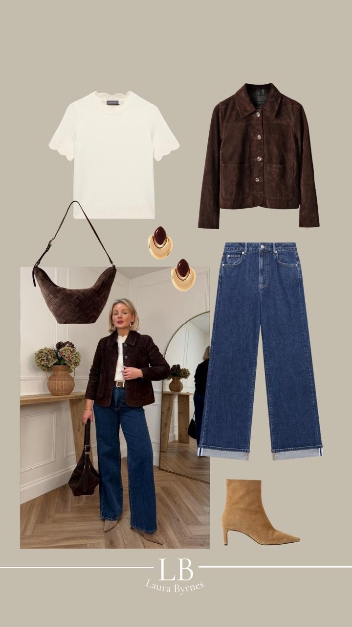 @mintvelvet  brown suede jacket styling with blue jeans, beige suede heels, brown suede bag & white knit scallop t shirt  

#LTKwinter #LTKstyletip #LTKuk