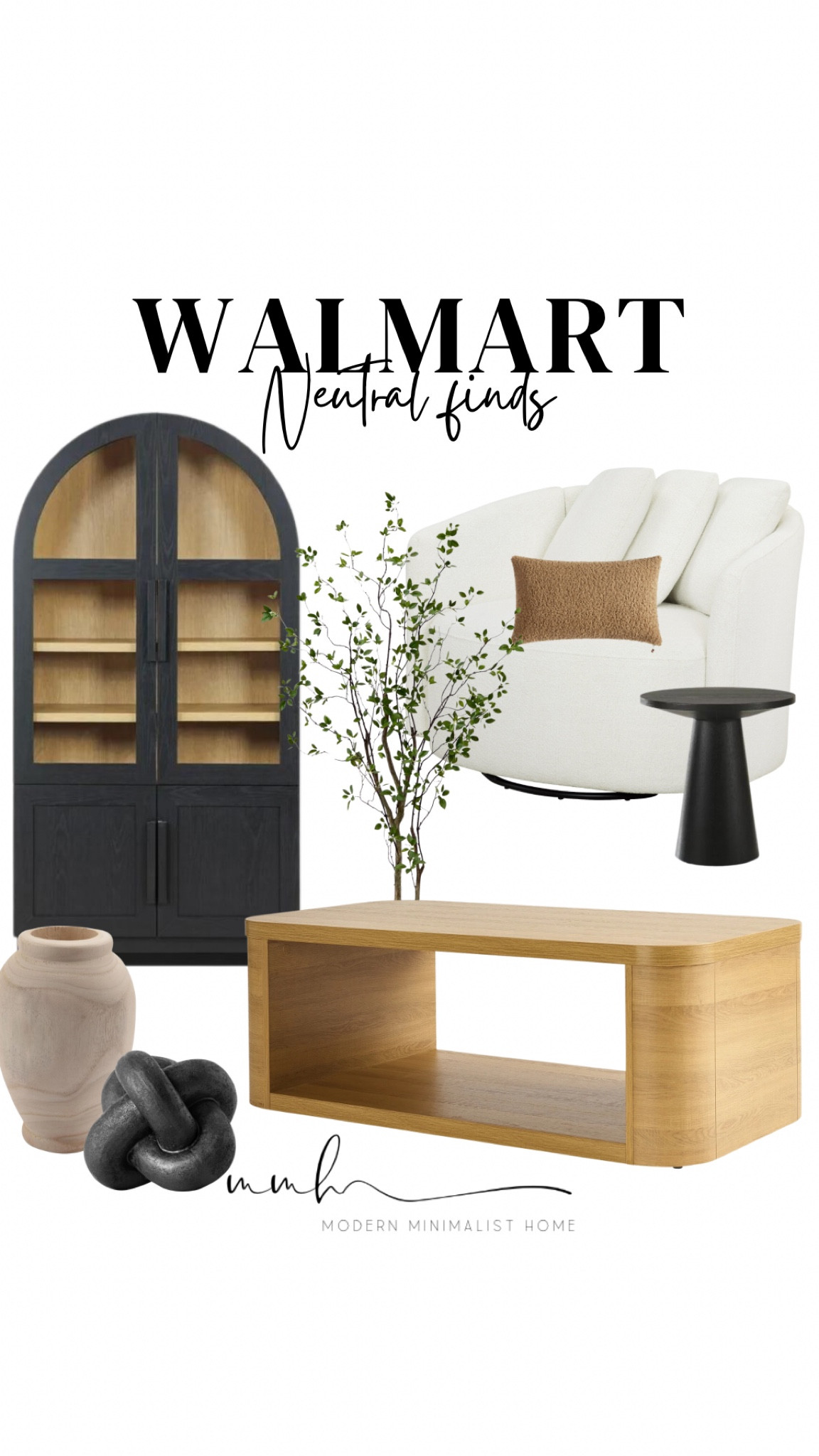 Neutral and chic! 🤍✨ Loving these Walmart Home finds for a cozy, modern space. The Drew chair pairs perfectly with a sleek coffee table and black side table, while the black cabinet and decorative black knot add a bold touch. Complete the look with a faux plant and wooden vase for the perfect blend of texture and style.

#LTKFindsUnder100 #LTKStyleTip #LTKHome