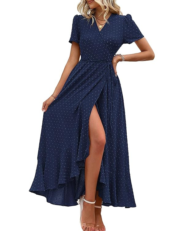 PRETTYGARDEN Women's Summer Maxi Dress Casual Wrap Floral Boho Short Sleeve V Neck Split Ruffle B... | Amazon (US)