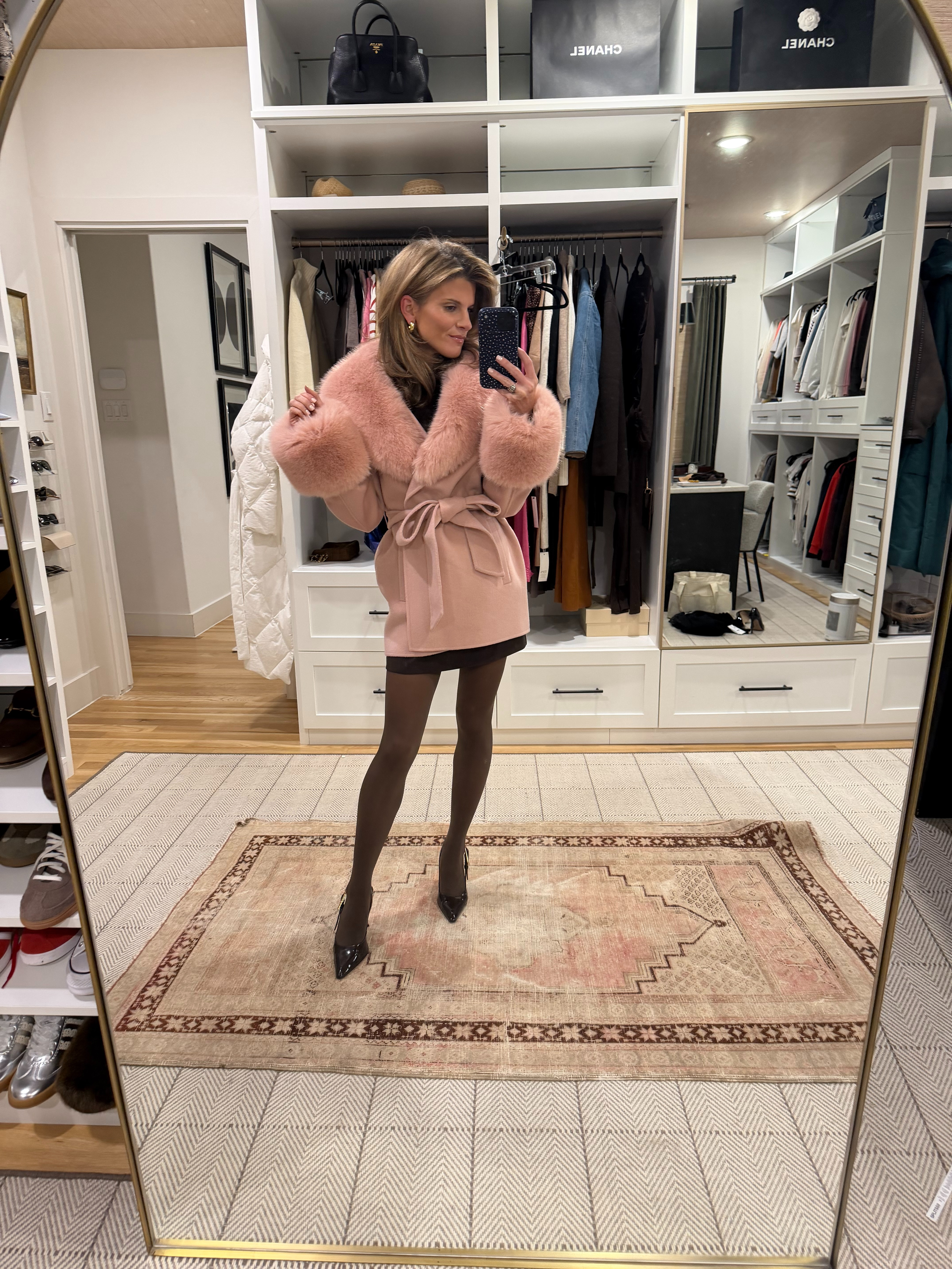 Zara brown mini dress and love shack fancy fut coat 

 