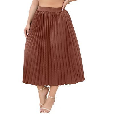 Clearlove Plus Size Pleated Skirt Women's Elastic Waist Boho  Midi Skirts with Pockets Brown 2X Large | Target