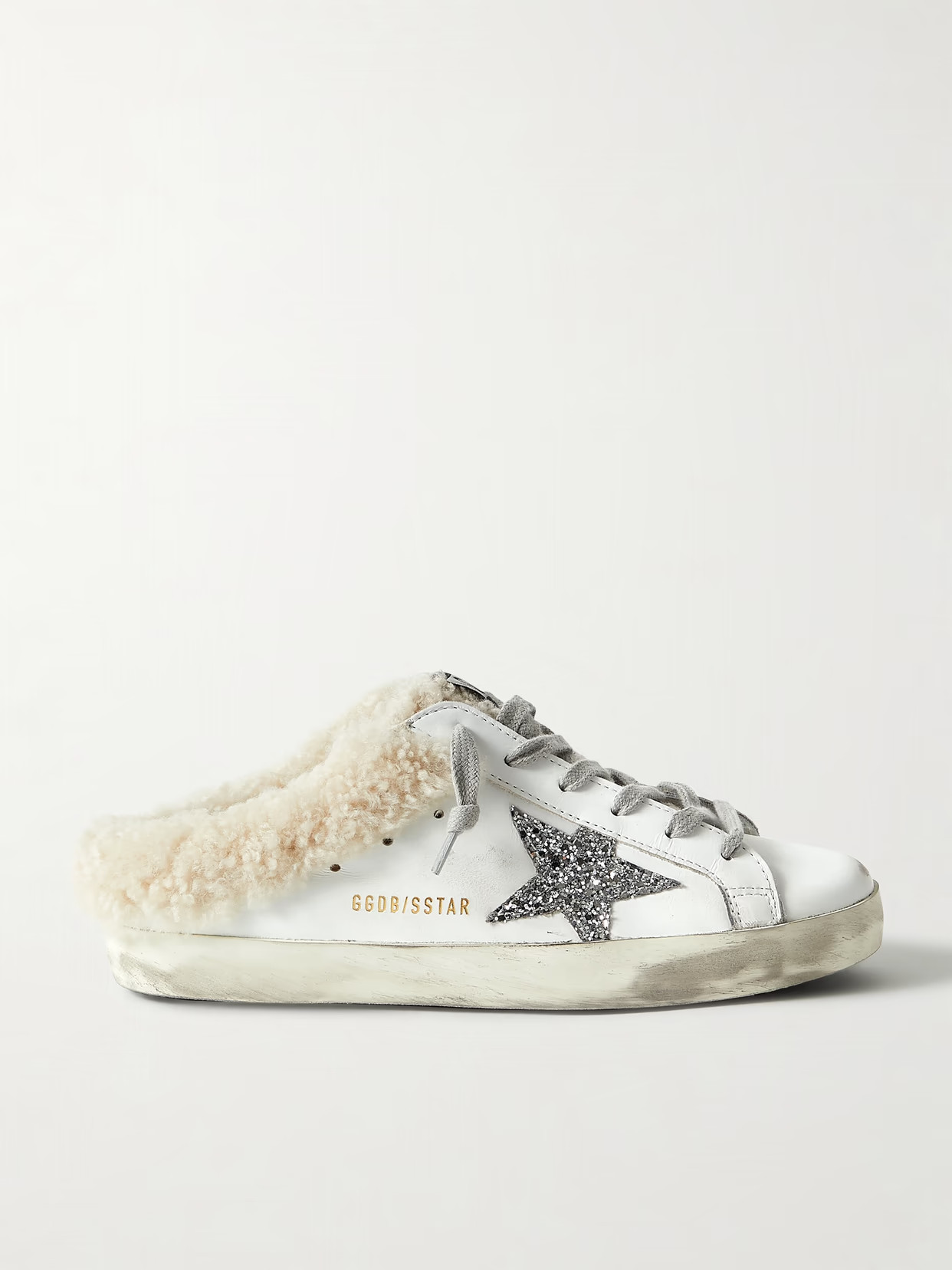 Golden Goose - Superstar Sabot Shearling-lined Distressed Glittered Leather Slip-on Sneakers - White | NET-A-PORTER (US)