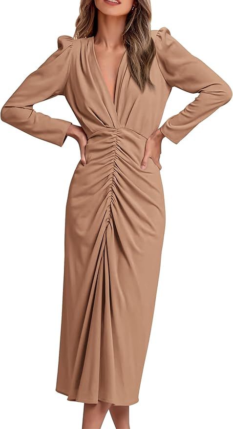 PRETTYGARDEN Women's 2023 Fall Maxi Dress Long Sleeve Deep V Neck Ruched Slit Casual Formal Elega... | Amazon (US)