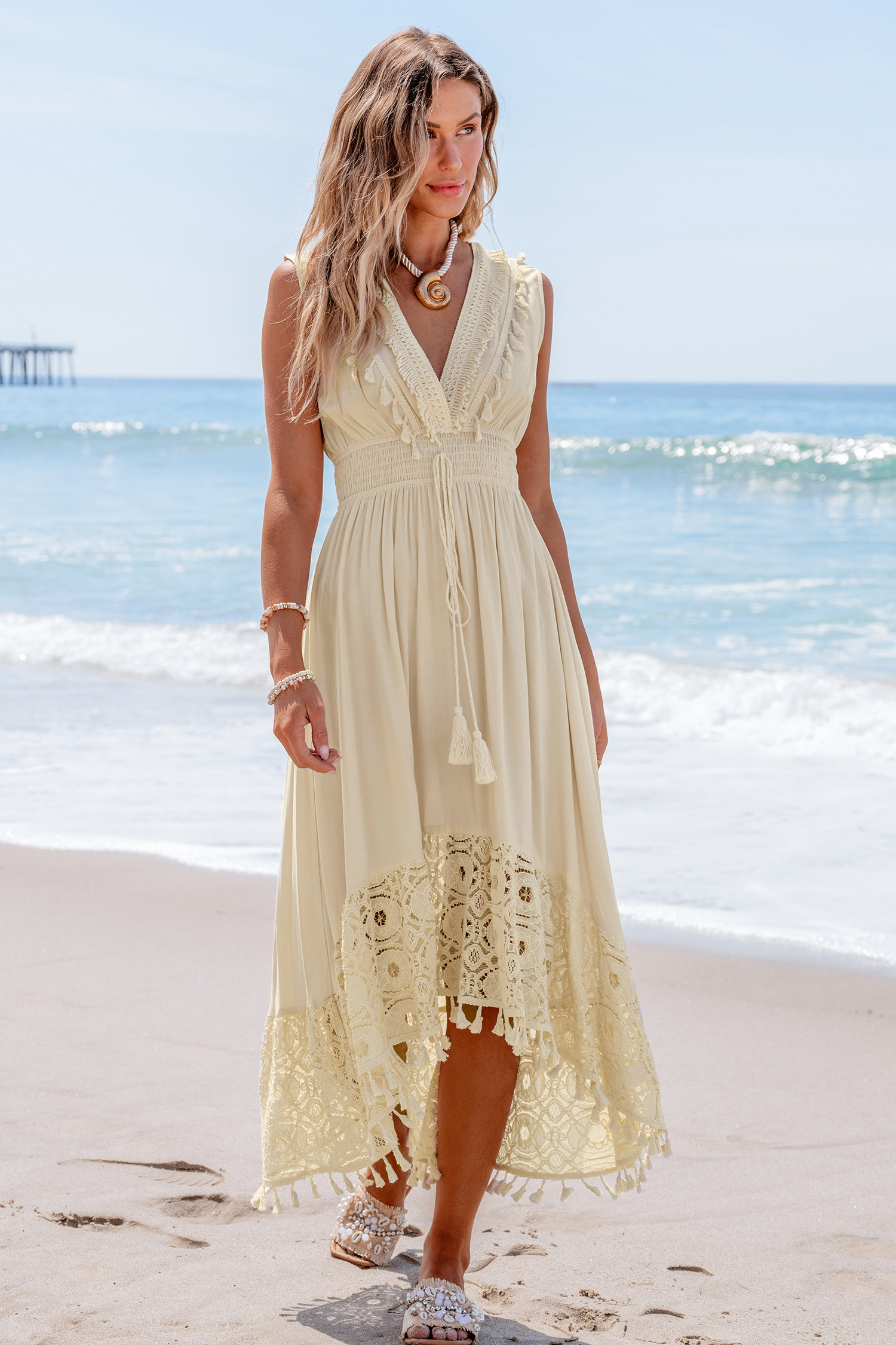 Beige Lace & Tassel Sleeveless Midi Dress | Cupshe US
