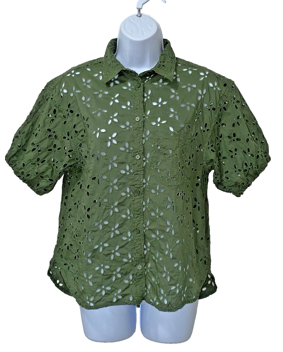 J Crew Spring Garden Eyelet Top Womens Sz 6 Army Green Button Up Peasant Prairie | eBay US